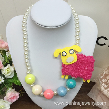 Children Choker With Big Fabric Animal Charm Pearl Necklace